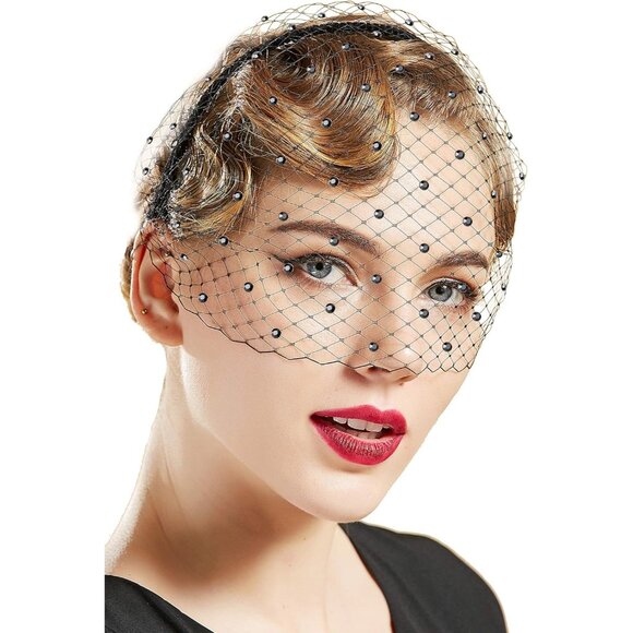 1920s Flapper Fascinator Mesh Veil Headband Bridal Wedding Tea Party - Picture 1 of 4